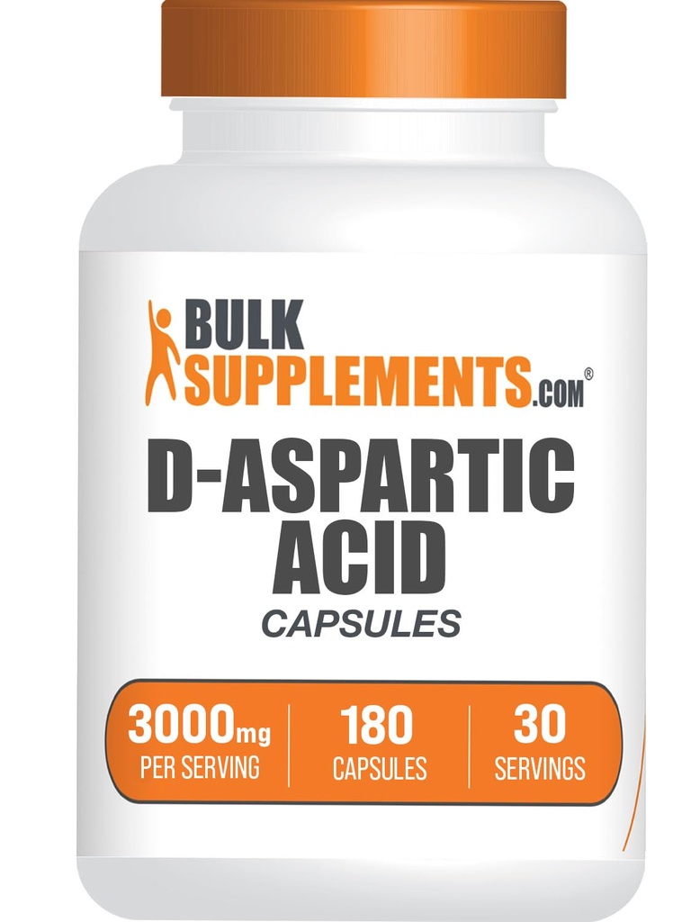 BulkSupplements D- Aspartasyrekapsler - DAA supplement til mænd og kvinder, D- Aspartasyre 3000mg - Uden smag og soja fri, 6 kapsler per servering, 180 kapsler (pakning med 1)
