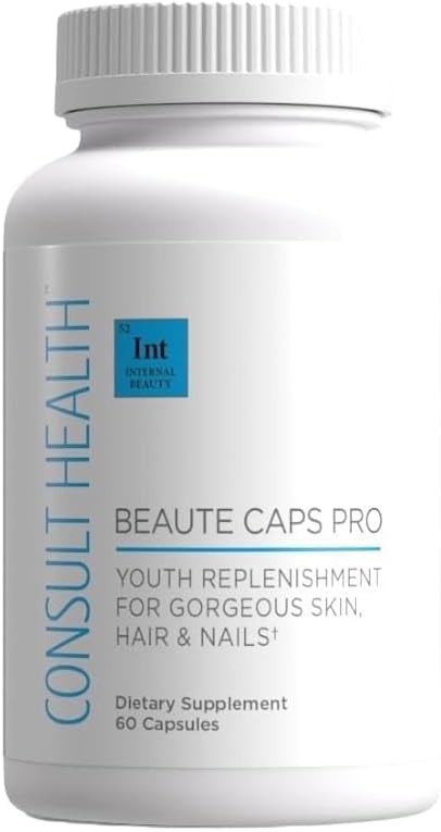 Consult Health Beaute Caps Pro - understøtter hårvækst, hud & negle sundhed - Collagen, vitaminer B6, B7, B12, D & 10,500 mcg biotin - MSM, blod Orange - Anti- Aging - USA Made - Kvinder og mænd 60 kapsler