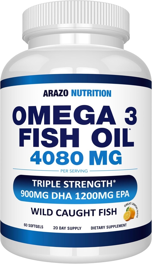 Arazo Nutrition Wild fanget Omega 3 Fish Oil - 60 Soft Gels - 4,080mg High EPA 1200mg DHA 900mg Lemon Flavor Burpless Softgels