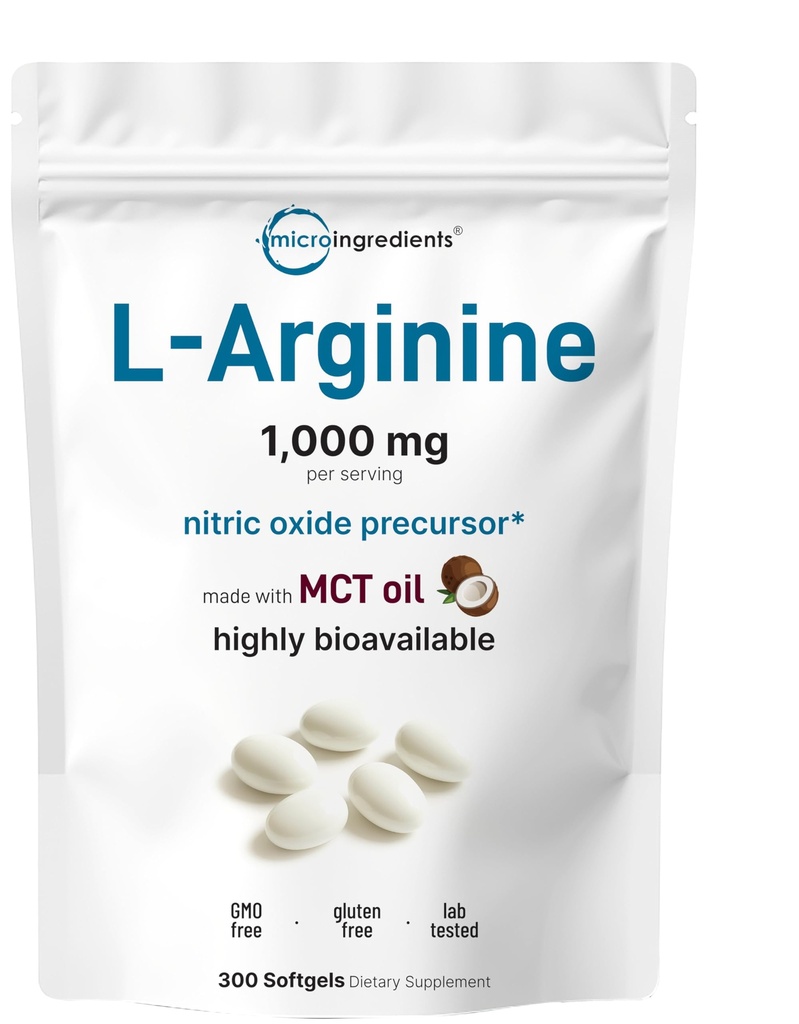 Mikroingredienser L- Arginin 1000mg med MCT Oil, 300 Softgels ttesmå 124; Nitroxidprækursor * for mænd & kvinder