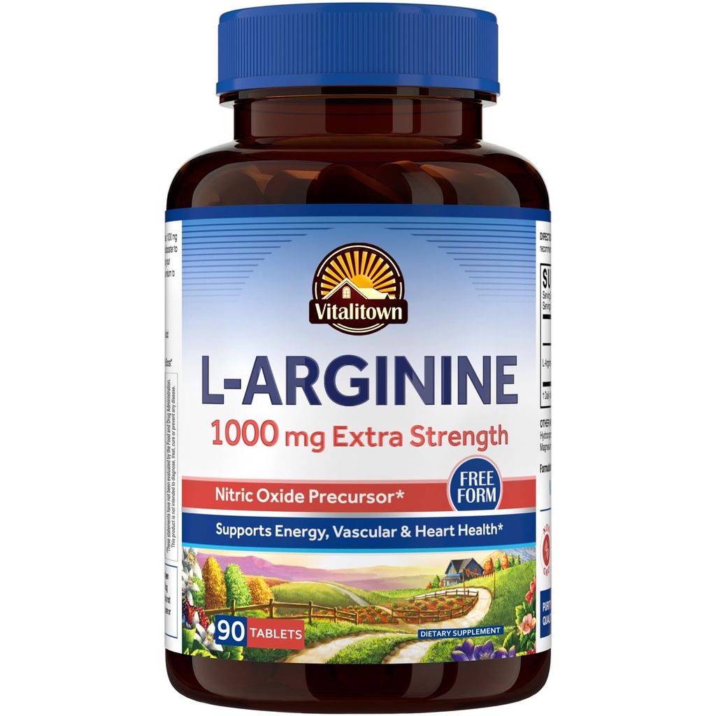 Vitalitown L- arginin for mænd og kvinder, 1000 mg, nitrogenoxid Booster Kosttilskud, Ingen gluten, Non- GMO, Endurance, Workout, Blood Flow Support, 90 tabletter