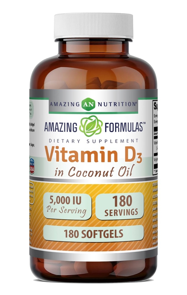Amazing Formulas Vitamin D3 med kokosolie Supplement Note 124; 5000 IE Per Serving