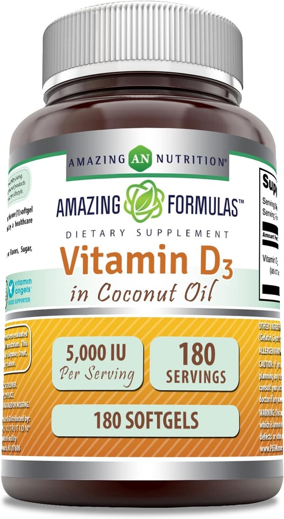 Amazing Formulas Vitamin D3 med kokosolie Supplement Note 124; 5000 IE Per Serving