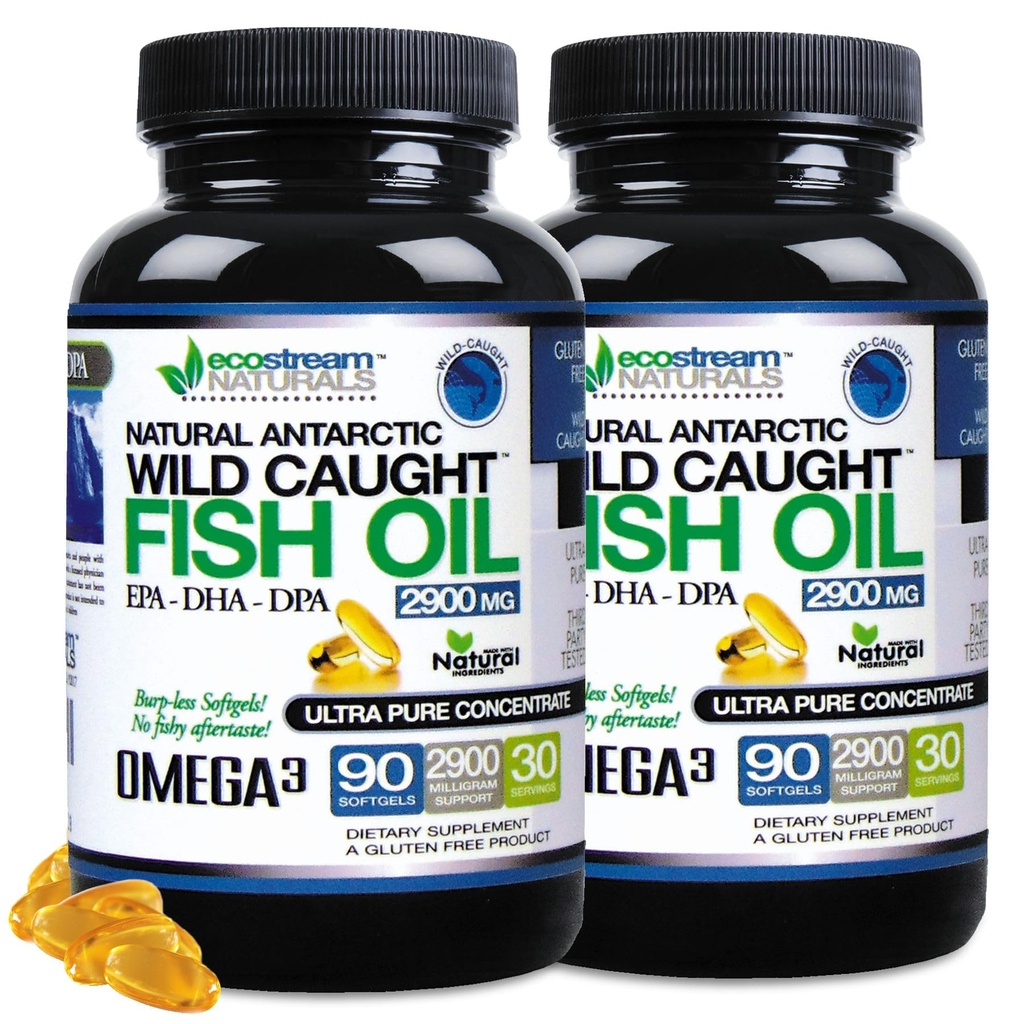(Pack of 2) Natural Antarctic Wild Caught Omega 3 Fish Oil DPA- EPA- DHA Supplement 2.900 Milligram Triple Strength Ultra Pure Concentrated SoftGels - No Fish Tasting Burps