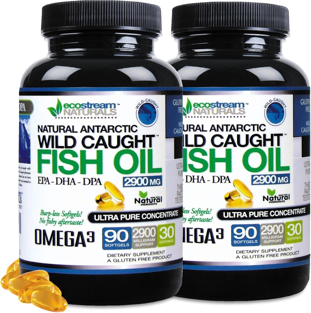 (Pack of 2) Natural Antarctic Wild Caught Omega 3 Fish Oil DPA-EPA-DHA Supplement 2,900 Milligrams Triple Strength Ultra Pure Concentrated SoftGels - No Fish Tasting Burps