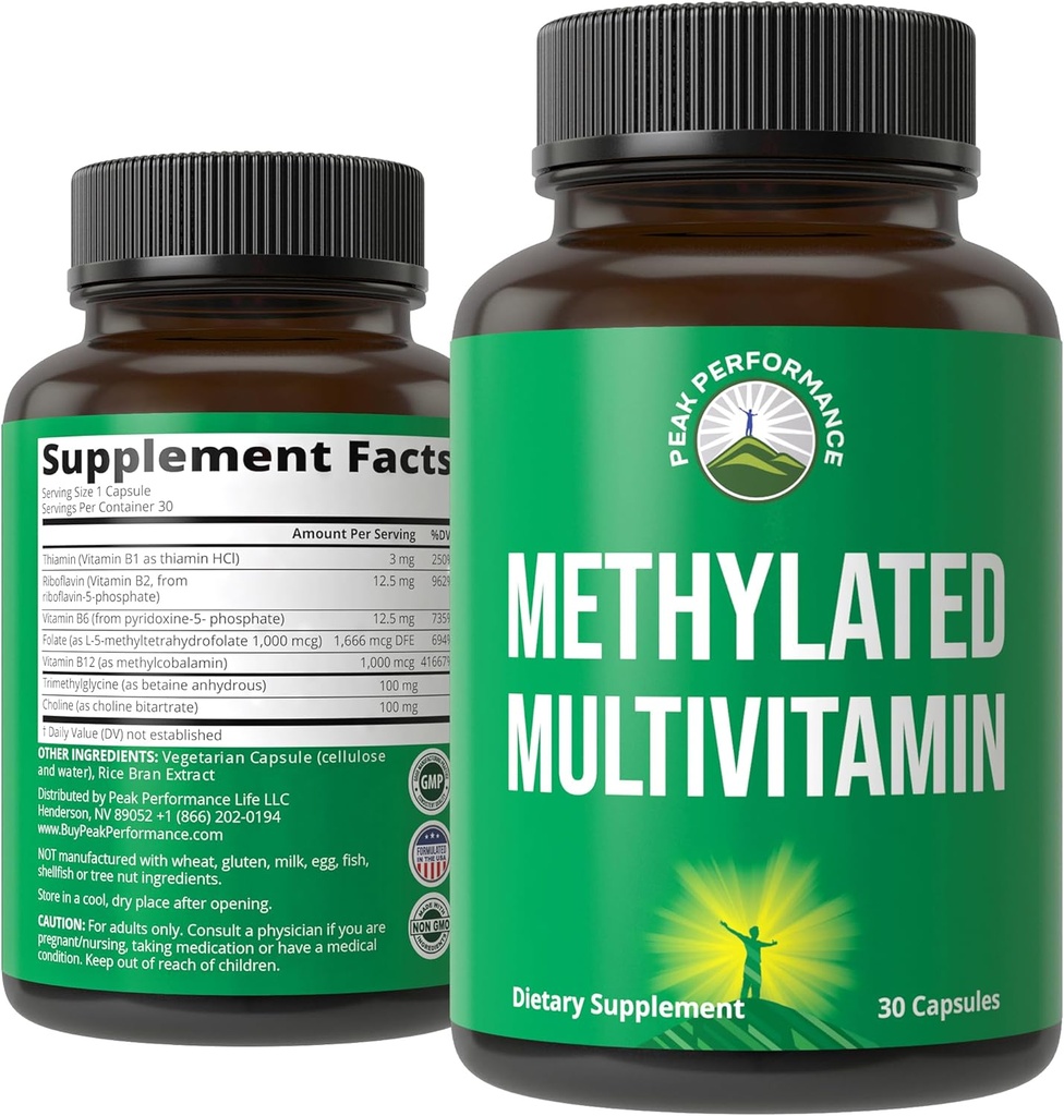 Methylerede multivitamin + methylerede B-komplekser. Med trimethylglycin (TMG), L Methylfolfolat, methyl B12 + B1 + B2 + B6 Vitamin + cholin. MTHFR Supplement for kvinder og mænd. Veganske kapsler