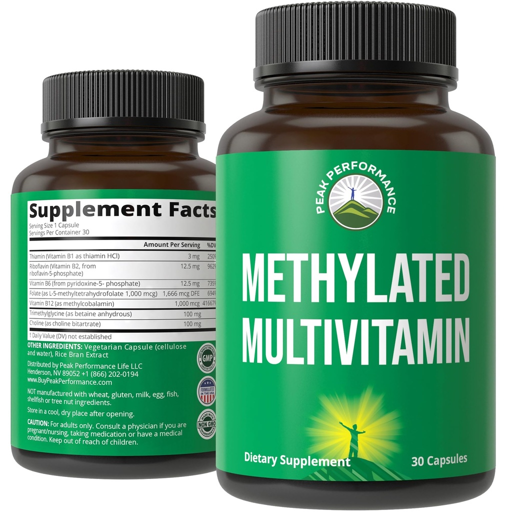 Methylerede multivitamin + methylerede B-komplekser. Med trimethylglycin (TMG), L Methylfolfolat, methyl B12 + B1 + B2 + B6 Vitamin + cholin. MTHFR Supplement for kvinder og mænd. Veganske kapsler