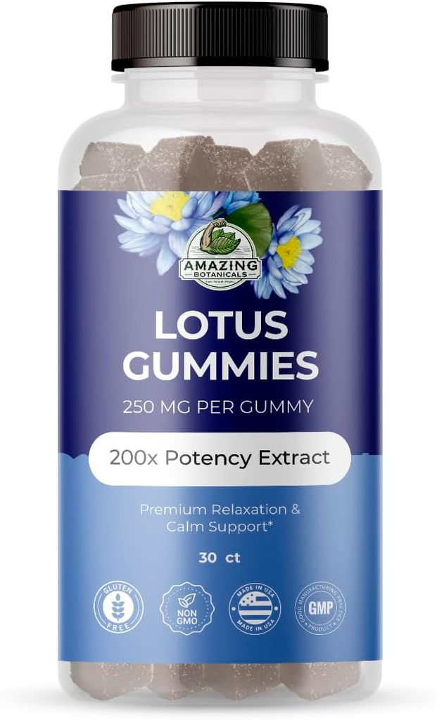 Amazing Botanicals Blueberry Lotus Flowers Gummies - Premium afslapning & rolig support - Vegan, Non- GMO, Gluten- Free Herbal Supplement, 250MG - Berry Flavor (30 Greve)