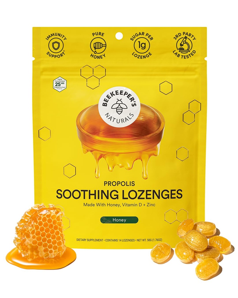 Lindrende Honey Hough Drops - Immunstøtte med D-vitamin, zink og propolis - af Beekeeper 's Naturals - Throat Linding Lozenges, 14 Ct