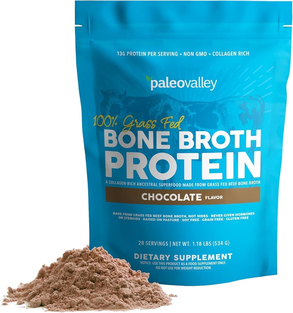 Paleodal 100% Grass Fed Beef Bone Broth Protein Powder - Rich in Collagen Peptider til hår, hud, tandkød, ben og fælles støtte - 15g Protein Per Servering - Ingen gluten eller GMO 'er - Chokolade
