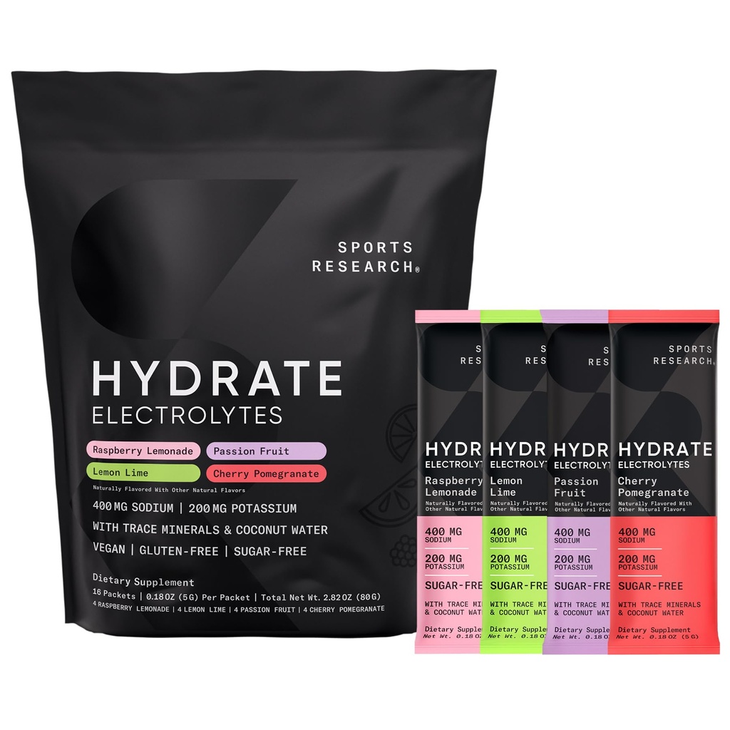Sportsforskning ® Hydrate Electrolytes Powder Packets - Sugar- Free & naturligt tilsat vitaminer, mineraler og kokosvand - Understøtter hydrering - 16 Packets - Variety Pack