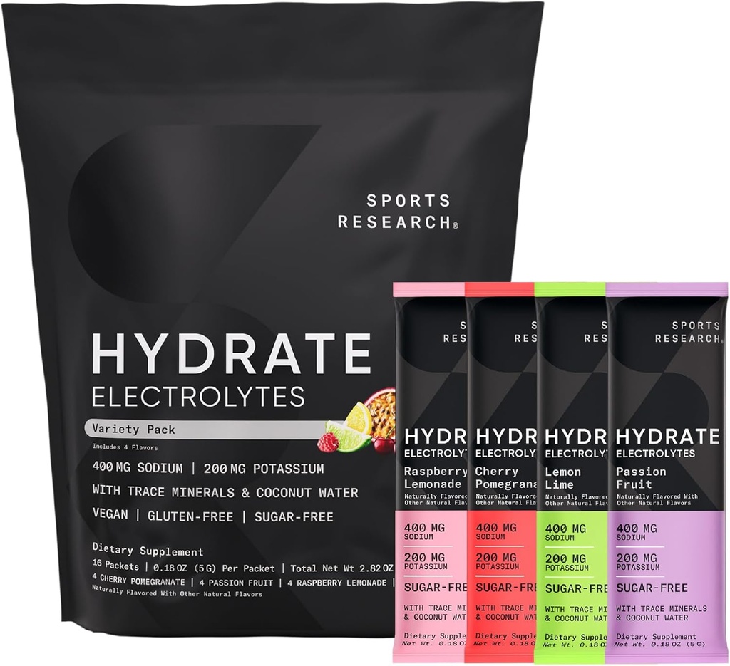 Sportsforskning ® Hydrate Electrolytes Powder Packets - Sugar- Free & naturligt tilsat vitaminer, mineraler og kokosvand - Understøtter hydrering - 16 Packets - Variety Pack