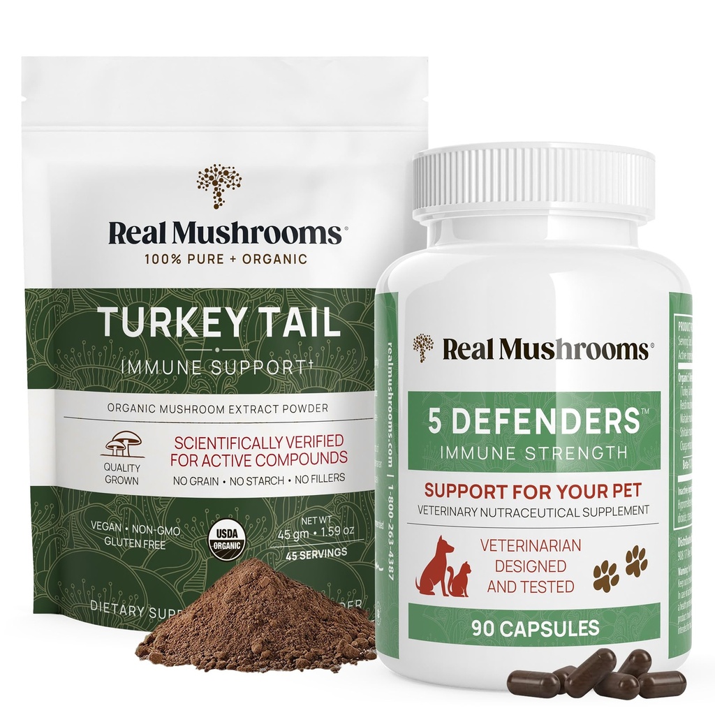 Ægte svampe Tyrkiet Hale pulver til mennesker (45 Servere) & Tyrkiet Hale til kæledyr (90ct) - Pulver & Kapsler Bundle for immunforsvar - Vegan, Non- GMO, Grain- Free, Gluten- Free
