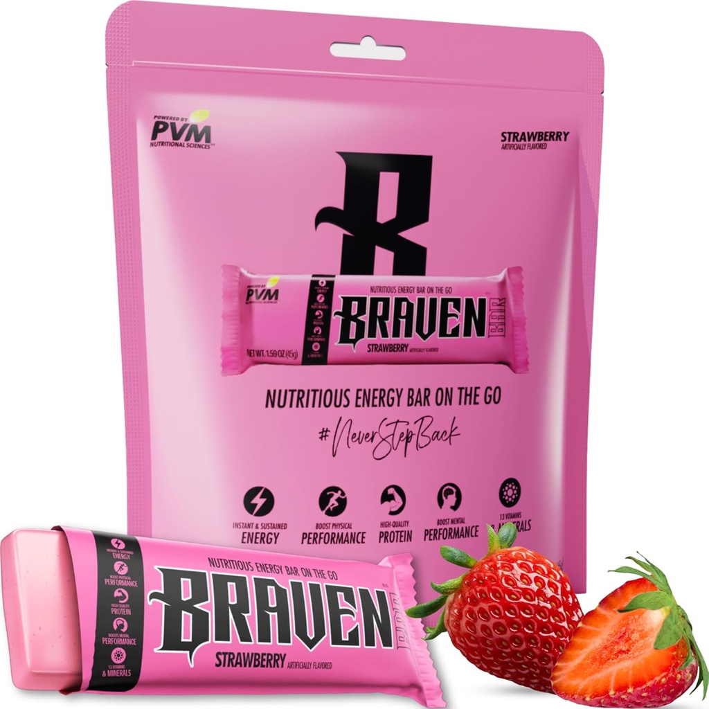 Braven Bar Strawberry Energy Bars (1.59 oz, Pack of 10) - Energi Chews Alternativ med 5g Protein - On- the- Go Snacks til løb, vandreture og sport - Gluten Free Snacks - Barer Protein