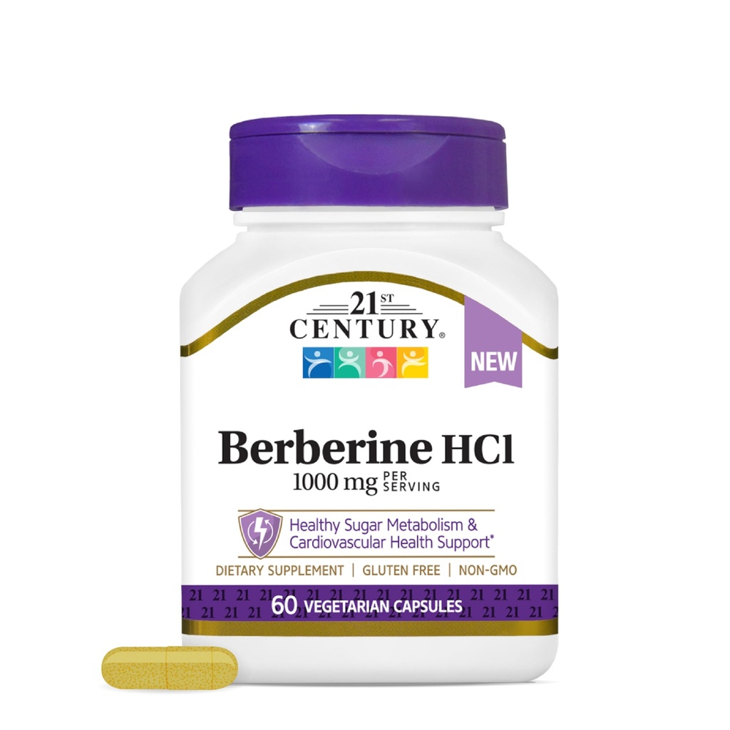 21st Century Berberine HCl 1000 mg per Serving, 60 Count, Helps Support Healthy Sugar Metabolism & Cardiovascular Health, Vegan, Non-GMO, Gluten Free, Berberine Supplement, 30 Servings