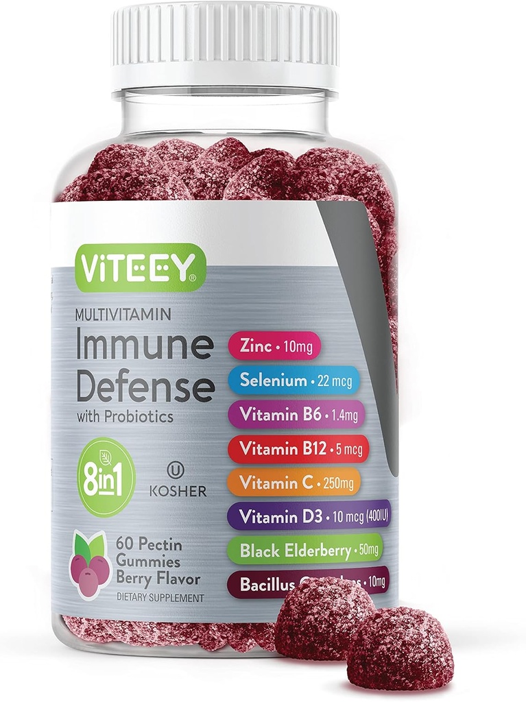 Viteey Multivitamin Gummies 8 i 1 immunstøtte supplement med Probiotika - Immunboostere for voksne & Teens - Vegetarisk, Gelatine fri, GMO fri - Chewable Berry Flavored Pectin immunforsvar