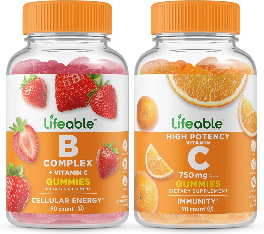 Lifeable B Complex + C-vitamin 750mg, Gummies Bundle - Great Tasting, Vitamin Supplement, Gluten fri, GMO fri, tyggetabletter