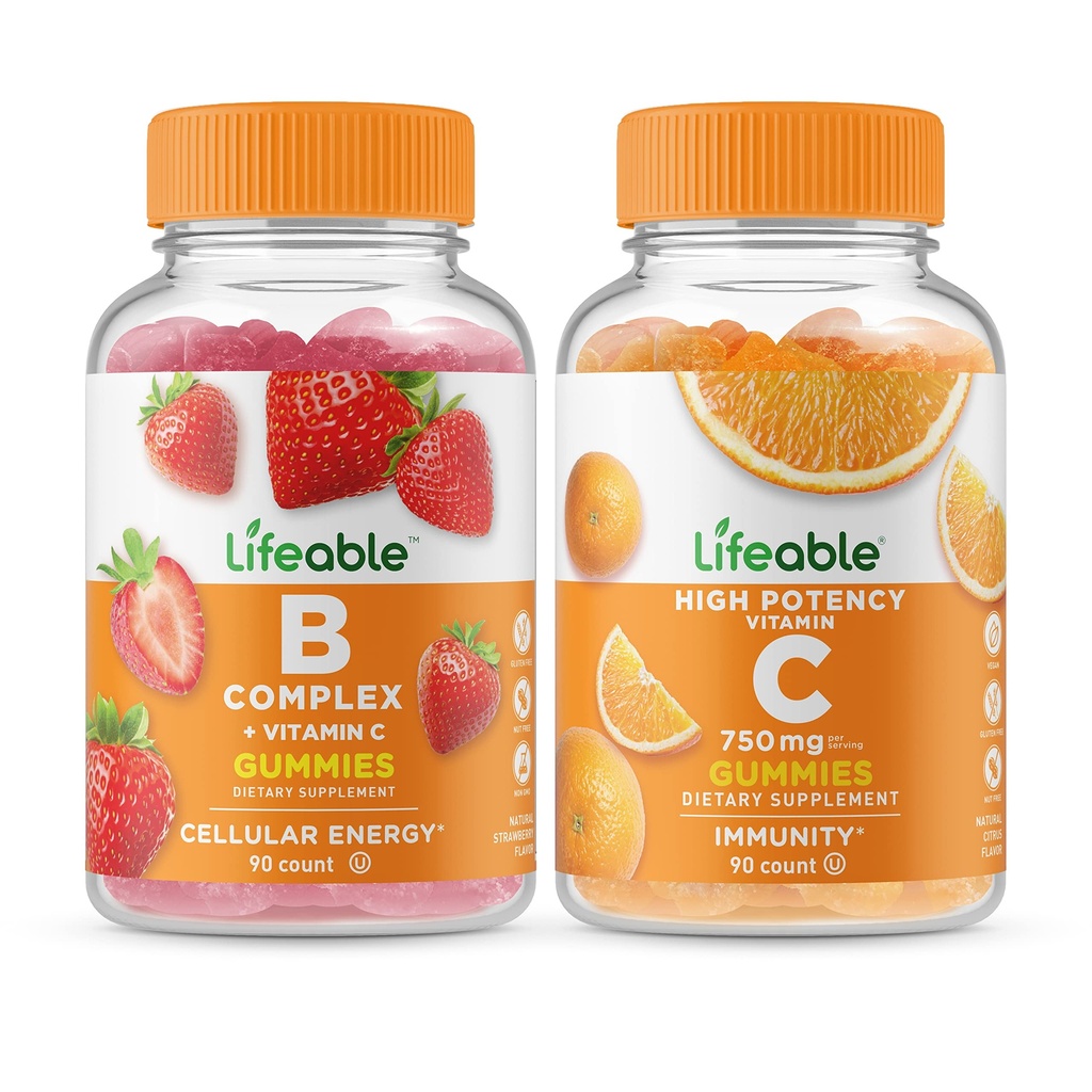 Lifeable B Complex + C-vitamin 750mg, Gummies Bundle - Great Tasting, Vitamin Supplement, Gluten fri, GMO fri, tyggetabletter