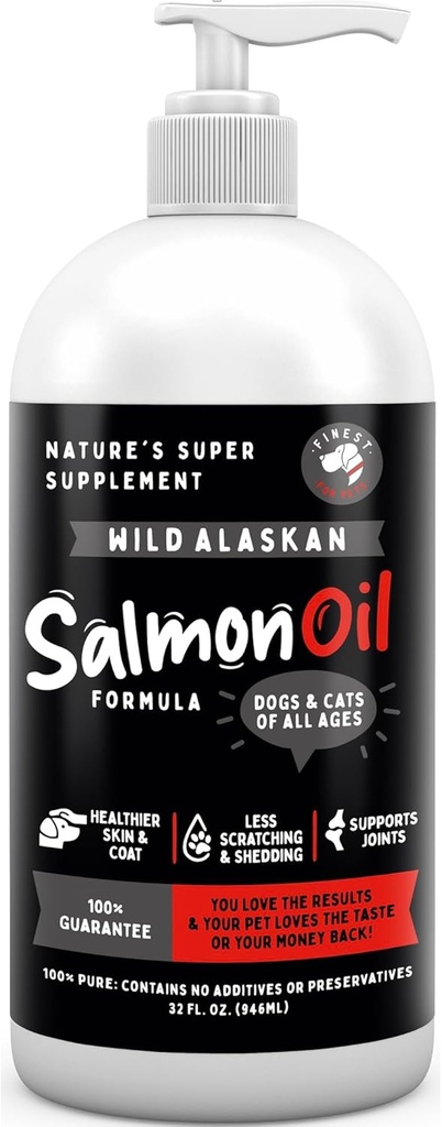 Finest for kæledyr Wild Alaska Salmon Oil for hunde & katte - Omega 3 Fiskeolie med Pollock & Laks for følsomme hud & Coat sundhed. EPA & DHA Ease Kløe, understøtter fælles, immunforsvar & hjerte sundhed (32oz)