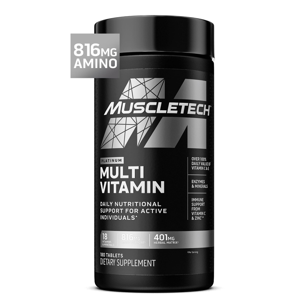 Muscletech Platinum Multivitaminer til mænd og kvinder - Multivitamin supplement til immunforsvar - 18 vitaminer og mineraler, vitamin A C D E B6 B12 - daglige workout kosttilskud til mænd - 180 kapsler