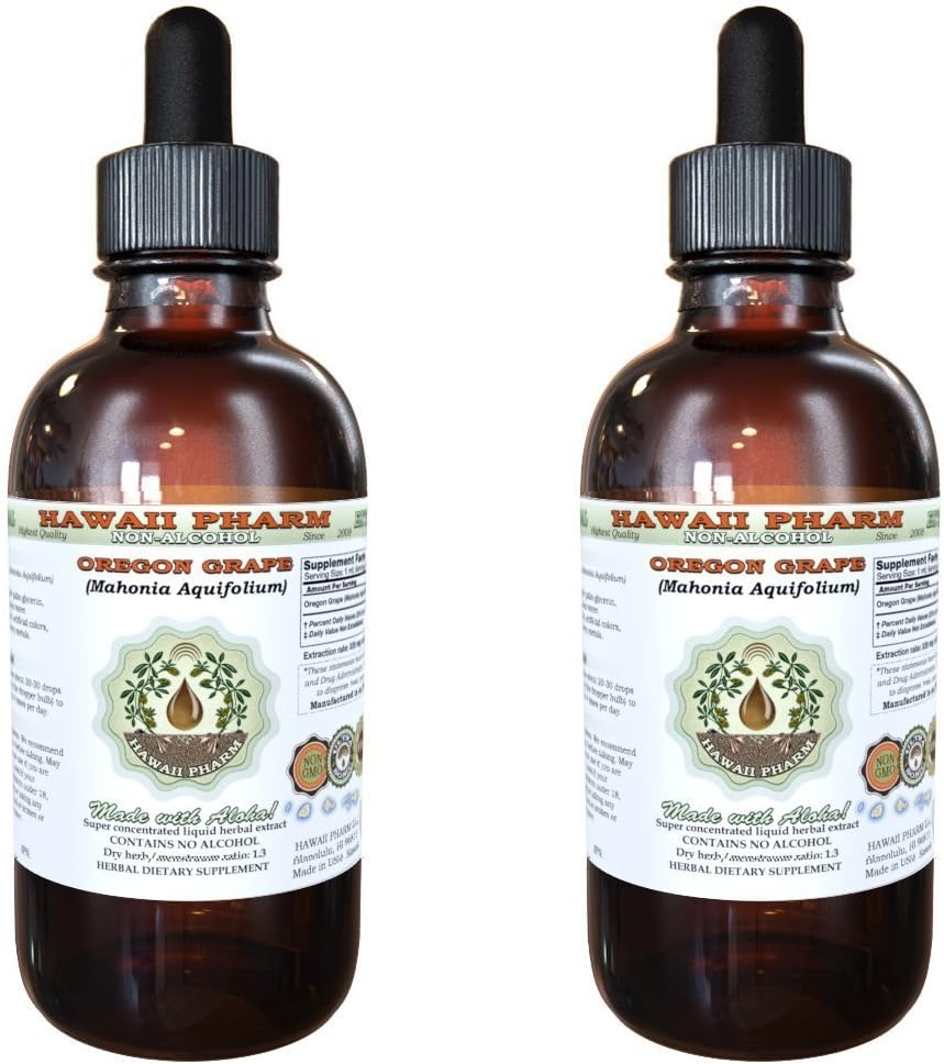 Hawaii Pharm Oregon Grape Alkohol- Free Liquid Extract, Oregon Grape (Mahonia aquifolium) Tørret Root Glycerite Natural Herbal Supplement, USA 2x2 fl.oz