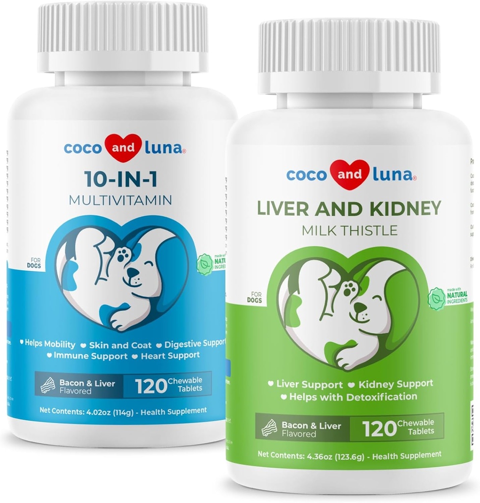 Mælk Thistle + 10 i 1 Multivitamin til hunde - Leverstøtte, hud og coat sundhed, fordøjelsessygdomme, Hip og fælles støtte og hjerte sundhed.
