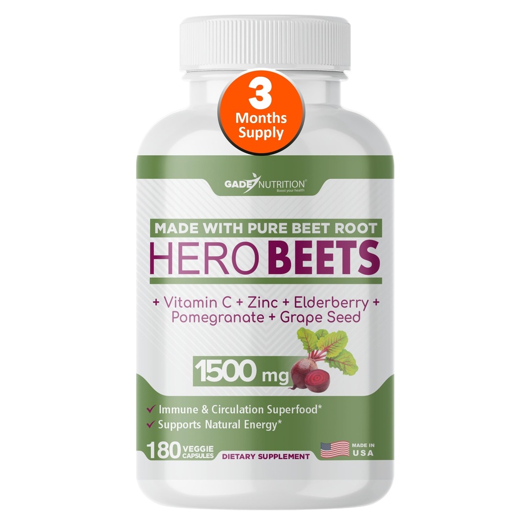 Gade Nutrition Hero Beets - Beet Root Capsules 1500mg - Organic Beet Root Powder + C-vitamin Zink, Elderberry, Pomegranat, Grape Seed Extract - 3 Måneders Supply
