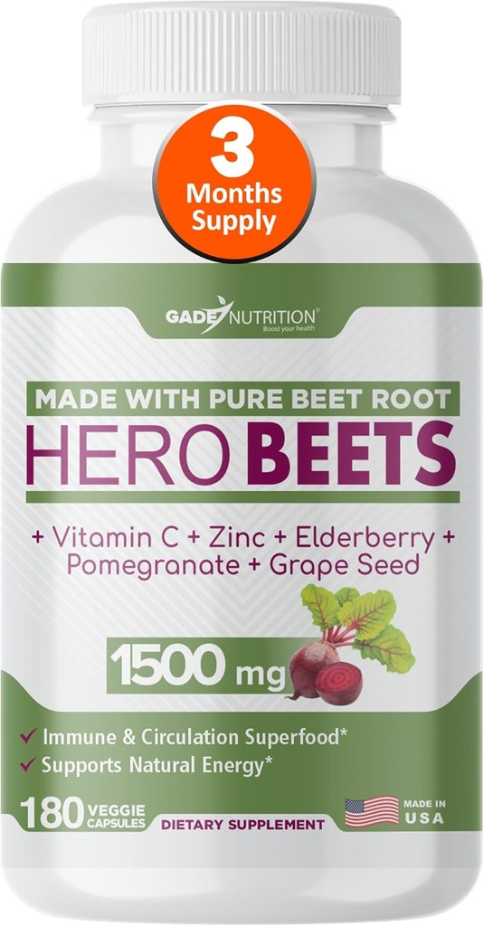 Gade Nutrition Hero Beets - Beet Root Capsules 1500mg - Organic Beet Root Powder + C-vitamin Zink, Elderberry, Pomegranat, Grape Seed Extract - 3 Måneders Supply