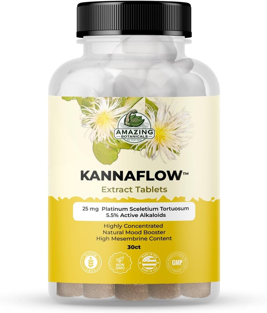 Amazing Botanicals Platinum Kannaflow Sceletium Tortuosum Kanna Extract Tablets - 25mg - 124; High Mesembrine Content - 124; 5,5% aktive alkaloider - 124; 30 Tæl