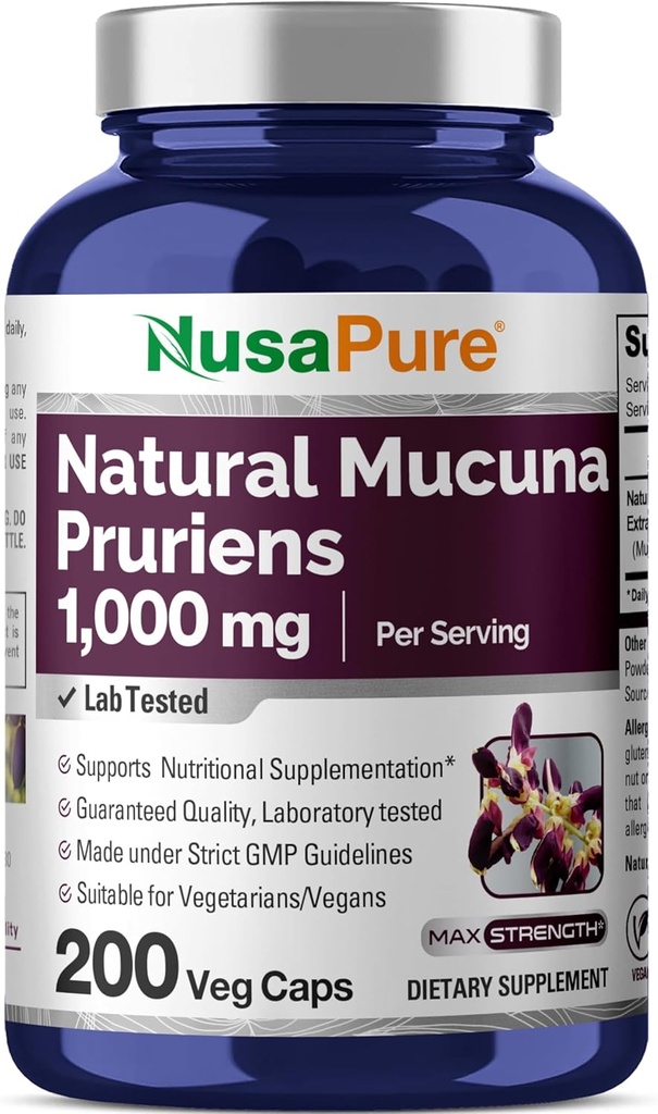 NusaPure Mucuna Pruriens 1000mg 200 Veggie Caps (ikke- GMO, 100% Vegetar, Vegan)