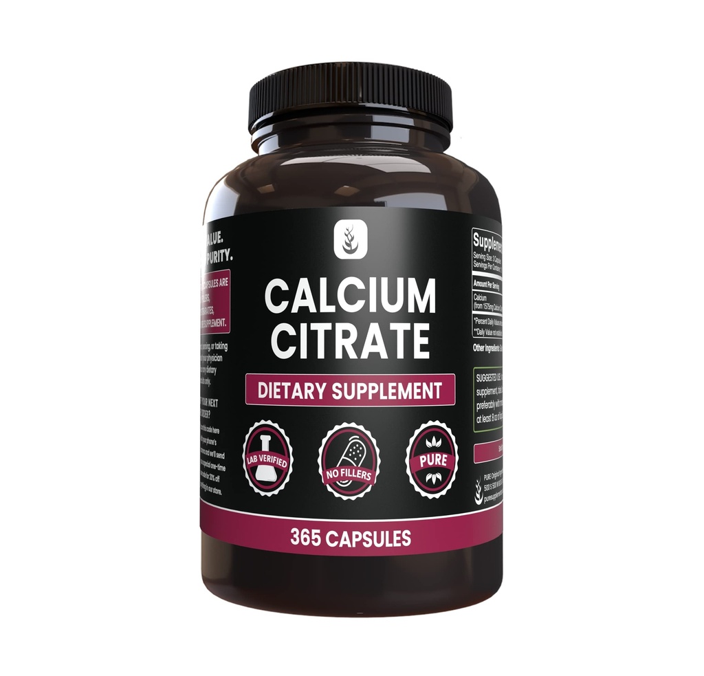 Pure Original Ingredienser Calciumcitrat (365 kapsler), Ingen Magnesium eller Rice Fillers, Altid Pure, Lab Verified