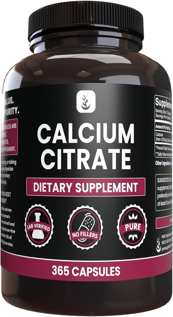 Pure Original Ingredienser Calciumcitrat (365 kapsler), Ingen Magnesium eller Rice Fillers, Altid Pure, Lab Verified