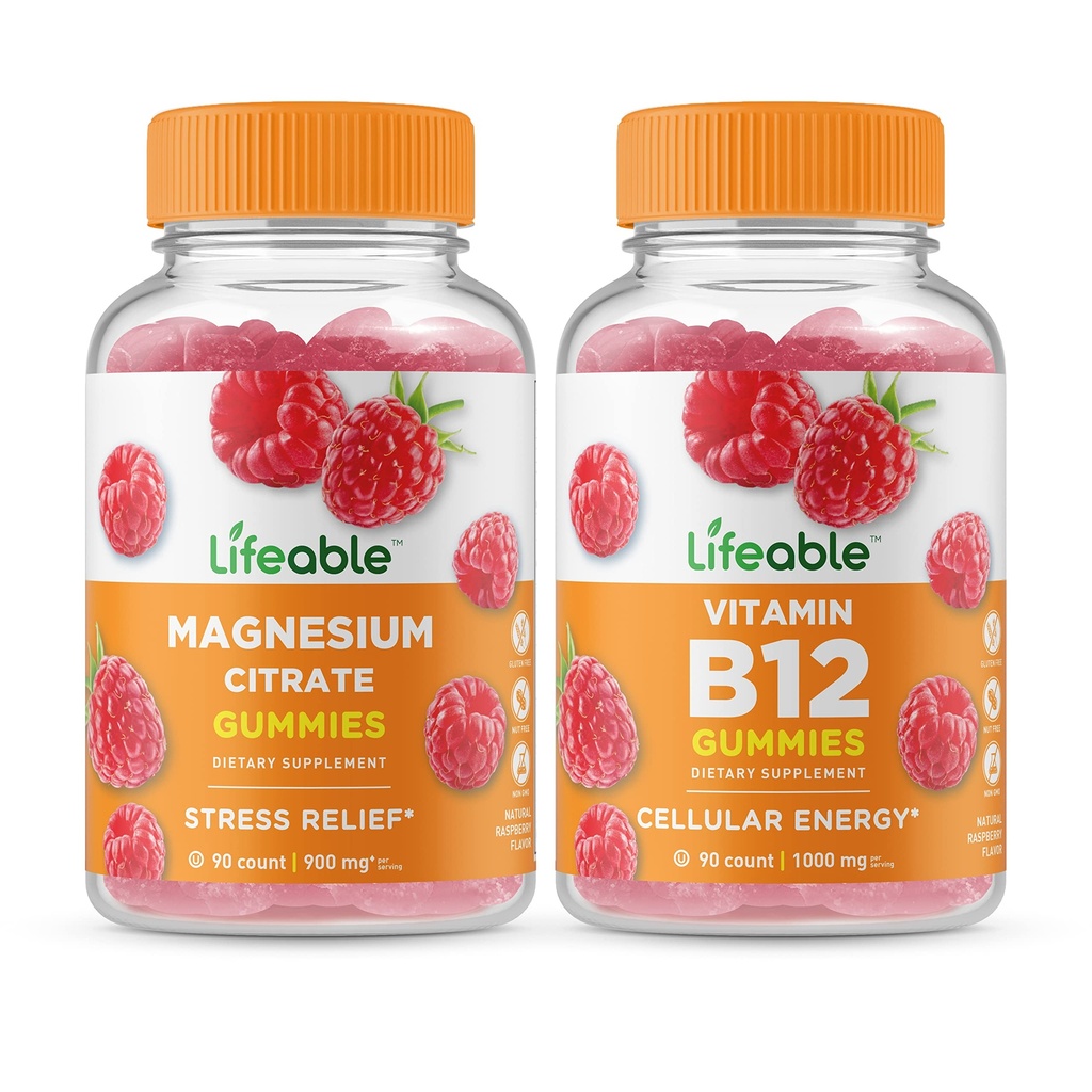 Lifeable Magnesium + Vitamin B12, Gummies Bundle - Great Tasting, Vitamin Supplement, Gluten fri, GMO fri, Chewable Gummy