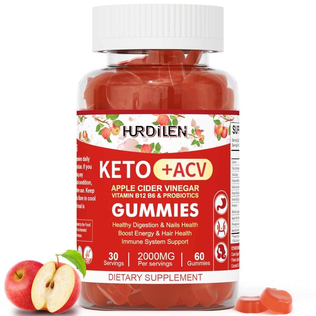 Keto ACV Gummies - 2000mg Apple Cider Vincious Gummies med Probiotika, Vitamin B12 & B6 til fordøjelse, Energi Boost, Immunisering og hårsundhed - 60 Greve Ingen sukker, Non- GMO, Gluten- Gratis for kvinder Mænd