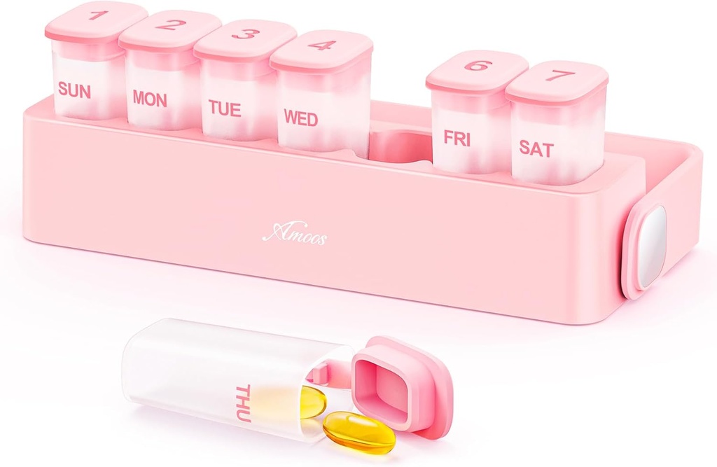 Ugentlig Pill Organizer med låsemekanisme, Rejser Damp- Proof Pill Box Case 7 Dag til at holde vitaminer, Fiskeolier, Kosttilskud, Transparent Inner Medicin Organizer til Pocket, Purse, BPA-Free