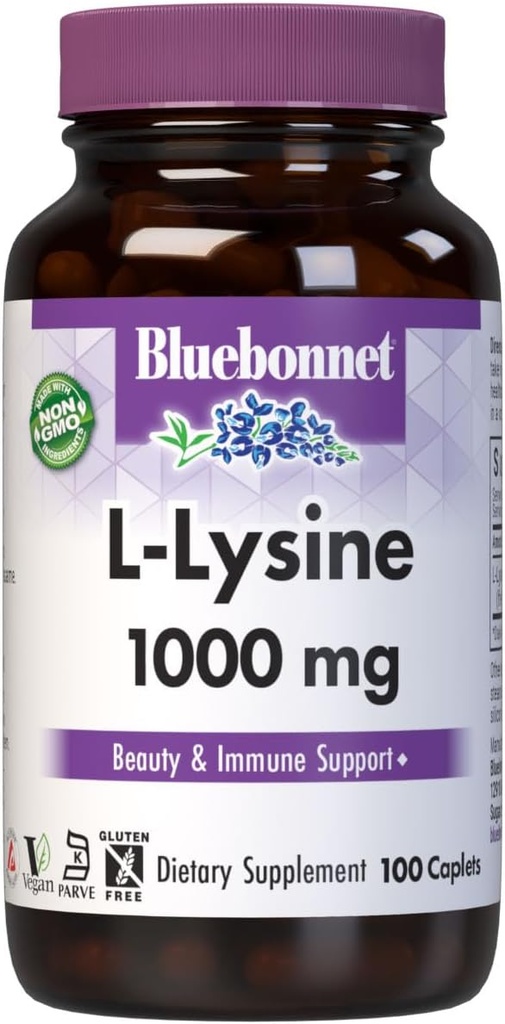 BlueBonnet L- Lysin 1000mg essentielle aminosyrer supplement - immun- og kollagen support kosttilskud til kvinder & mænd - non-GMO, Vegan & Gluten- Free - 1000 mg L Lysin Per Serving - 100 kapsler