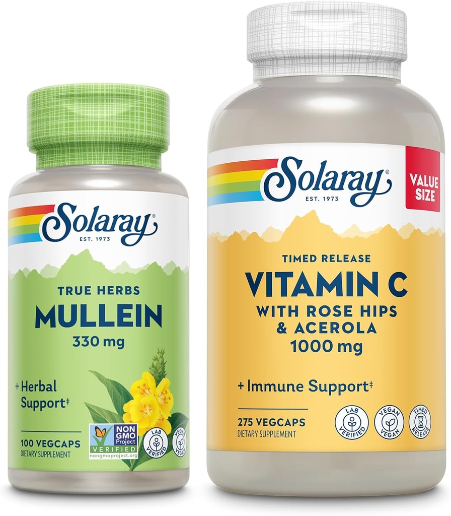 SOLARAY-vitamin C 1000mg og Mullein Leaf Wellness Bundle - Time Release Vitamin C supplement og Mullein kapsler, Traditionelt anvendes til wellness support - Vegan, 60- Day Garanti, 275 / 100 VegCaps