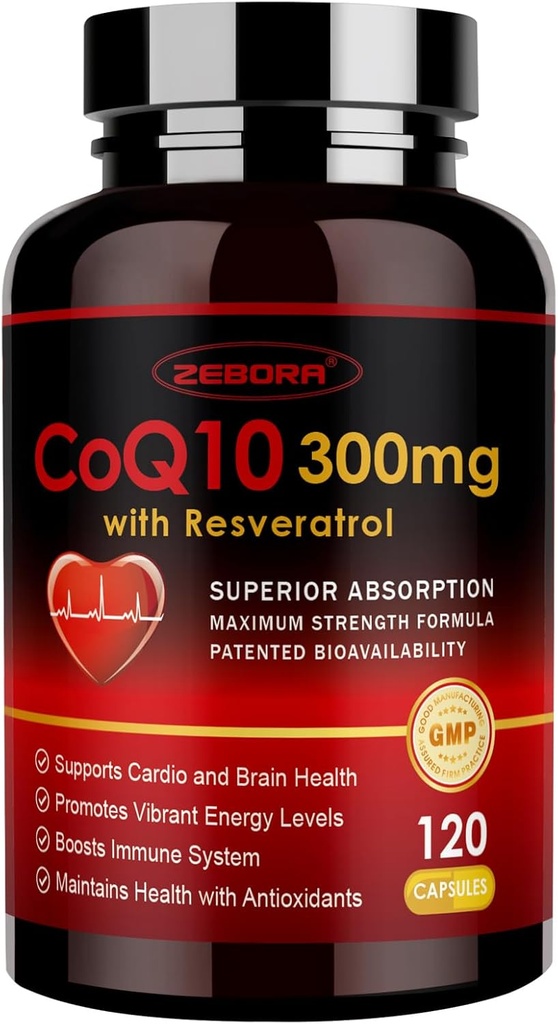 ZEBORA CoQ10- 300mg med trans- Resveratrol, PQQ & E-vitamin - High Absorption Coenzyme- Q10 med BioPerine - Kraftig antioxidant til hjerte & energiproduktion, 120 Veggie kapsler