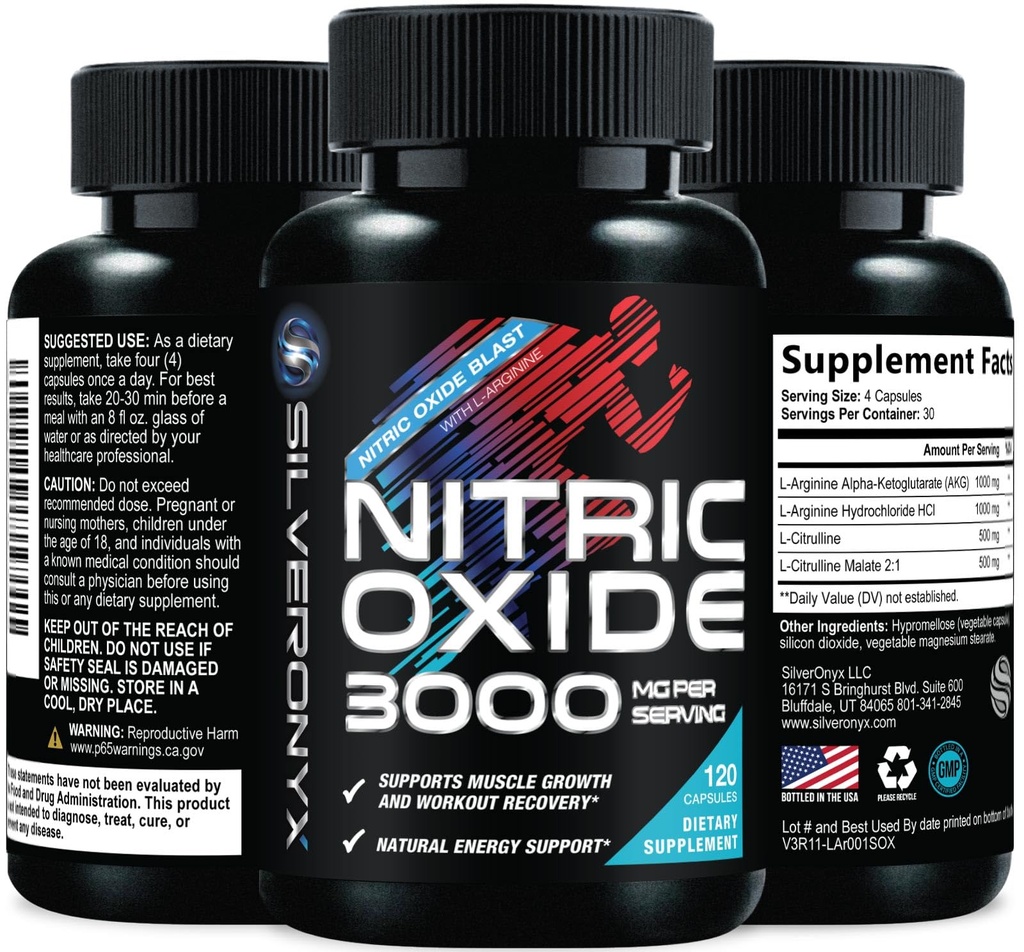 Ekstra styrke nitrogenoxid Supplement 3X Styrke L Arginin, Citrullin Malat, AAKG, Beta Alanine - Premium Muscle Support Nitric Booster - Natural Energy & Heart Health Support - 120 kapsler