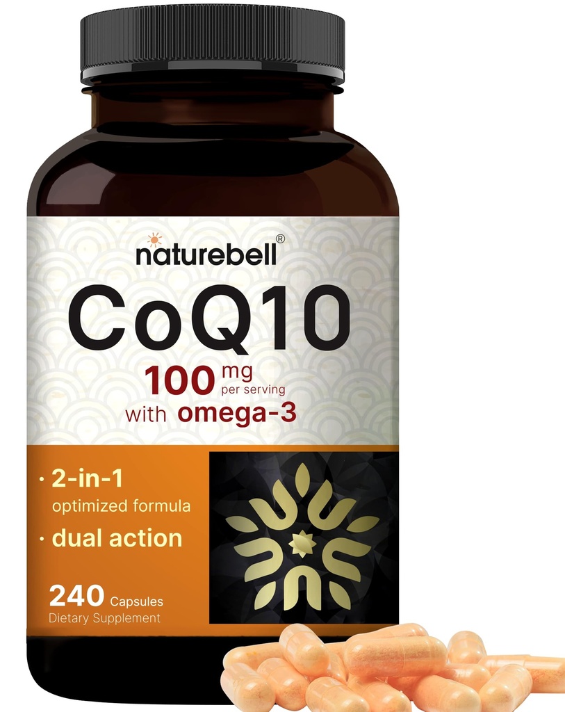 NatureBell CoQ10 100mg med Omega 3, 240 Kapsler; Stabil High Absorption Form - Antioxidant Support for Heart & Energy Health - Ekstra styrke Coenzym Q10 Supplement