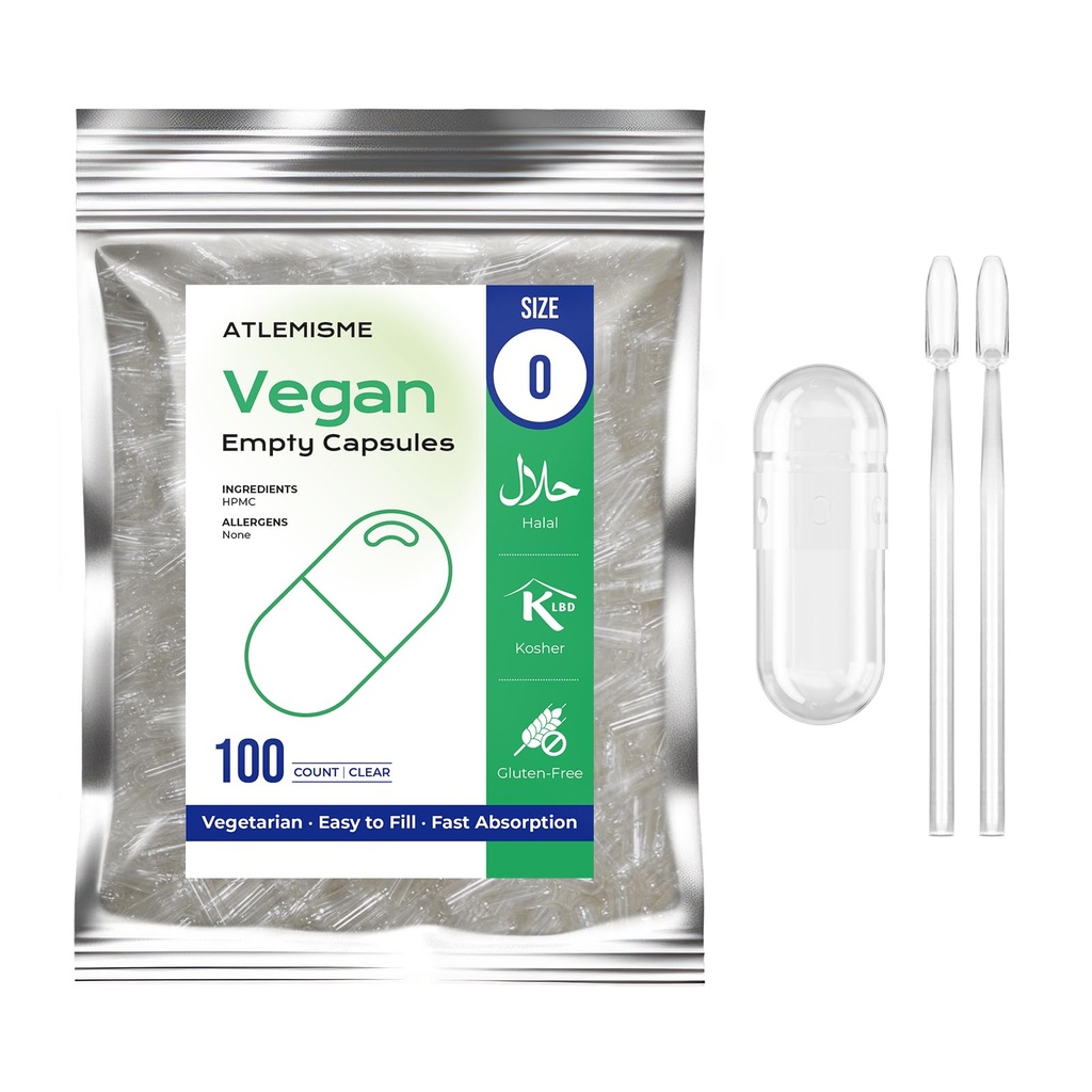 Tomme Veganske Kapsler Størrelse 0 - (100 Greve) Tomme Kapsler selv Vegetabilske Kapsler Fyldning - Veggie Tomme Kapsler med 2 Micro Lab skeer