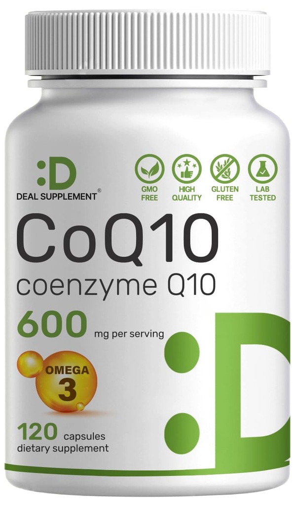 CoQ10 600 mg, 120 kapsler - med Omega 3 Fedtsyre 100mg - Max Strength - Biotilgængelig Coenzym Q10 Kosttilskud - Heart, Energy, & Brain Health Antioxidant Support - Non-GMO