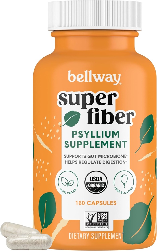 Bellway Super Fiber Kapsler - USDA Organic Psyllium Husk Kapsler - Daily Psyllium Husk Fiber Supplement for fordøjelse sundhed og regelmæssighed - Plant baseret, Non- GMO, Kosher - 160 Kapsler