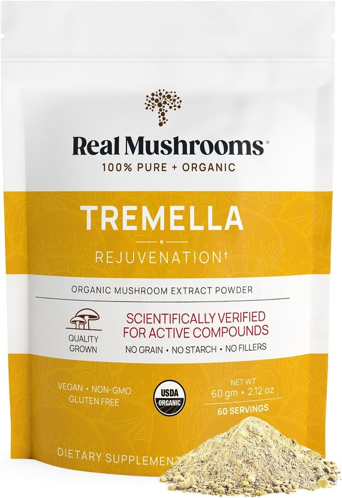 Ægte svampe Tremella Mushroom Powder - Organic Tremella Uddrag fra Fruiting Body - for Daglig Wellness Routine - Vegan, Non- GMO, Ingen Fillers - 60 Servering Mushroom Blend Kosttilskud