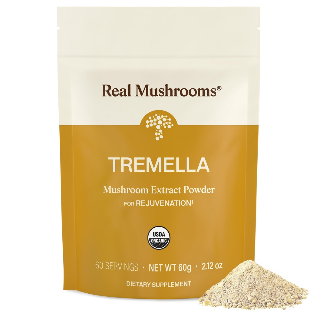 Ægte svampe Tremella Mushroom Powder - Organic Tremella Uddrag fra Fruiting Body - for Daglig Wellness Routine - Vegan, Non- GMO, Ingen Fillers - 60 Servering Mushroom Blend Kosttilskud