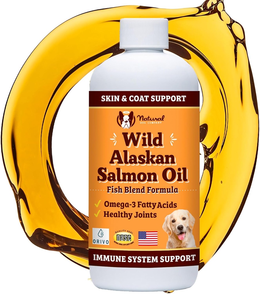 Natural Dog Company Wild Alaska Salmon Oil Formel med Omega 3, Fish Oil for Dogs Supplement, Skin & Coat Dog Oil, Itchy Relief, immunforsvar for Joints & Heart, Food Topper, 8 oz.