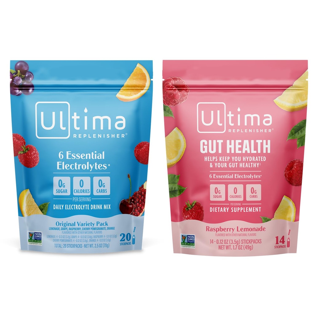 Ultima Replenisher Electrolyte Powder Drink Bundle - Sugar Free - Variety, Gut Health - 20 Stickpacks, 14 Stickpacks - 6 Electrolytes and Minerals - Keto Friendly, Vegan, Non- GMO