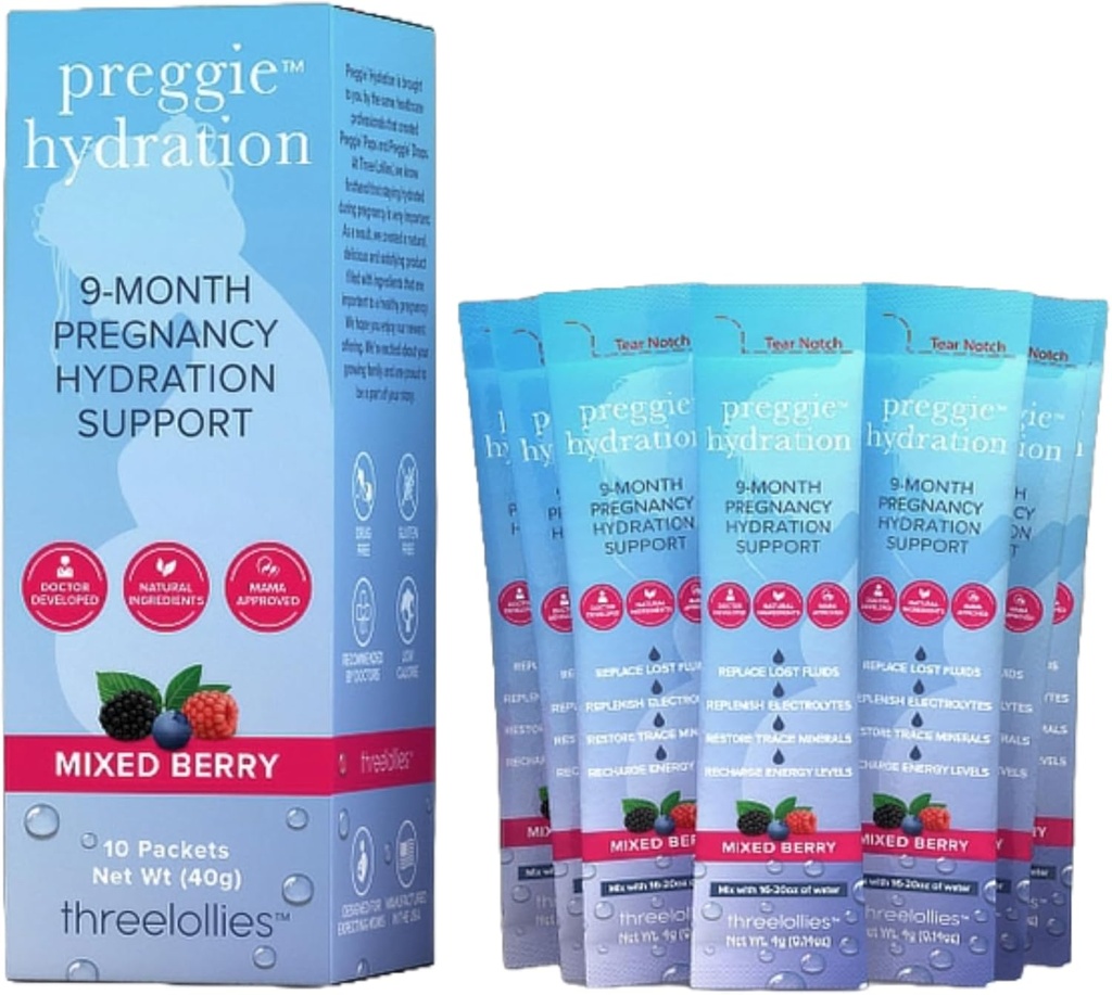Tre Lollies Preggie Hydration Pakker - Natural Hydration & fordøjelsesmæssig Health Support til kvinder under graviditet - Eases Kvalme & Erstatninger Næringsstoffer - Essentials for Morning Sygdom - 10 Pakker
