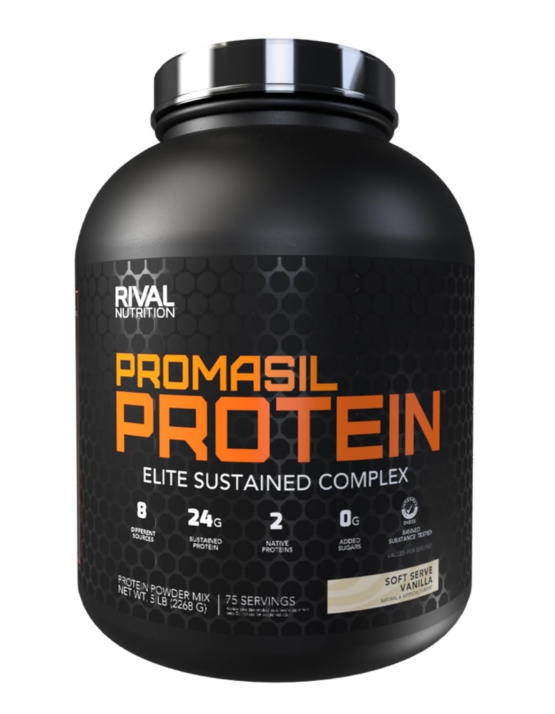 RIVAL NUTRITION Promasil Protein Powder I 8 Different Sources Including Whey Isolate, Native Micellar Casein, and Egg White I 24g Sustained Protein Per Serving (5lb, Soft Serve Vanilla)