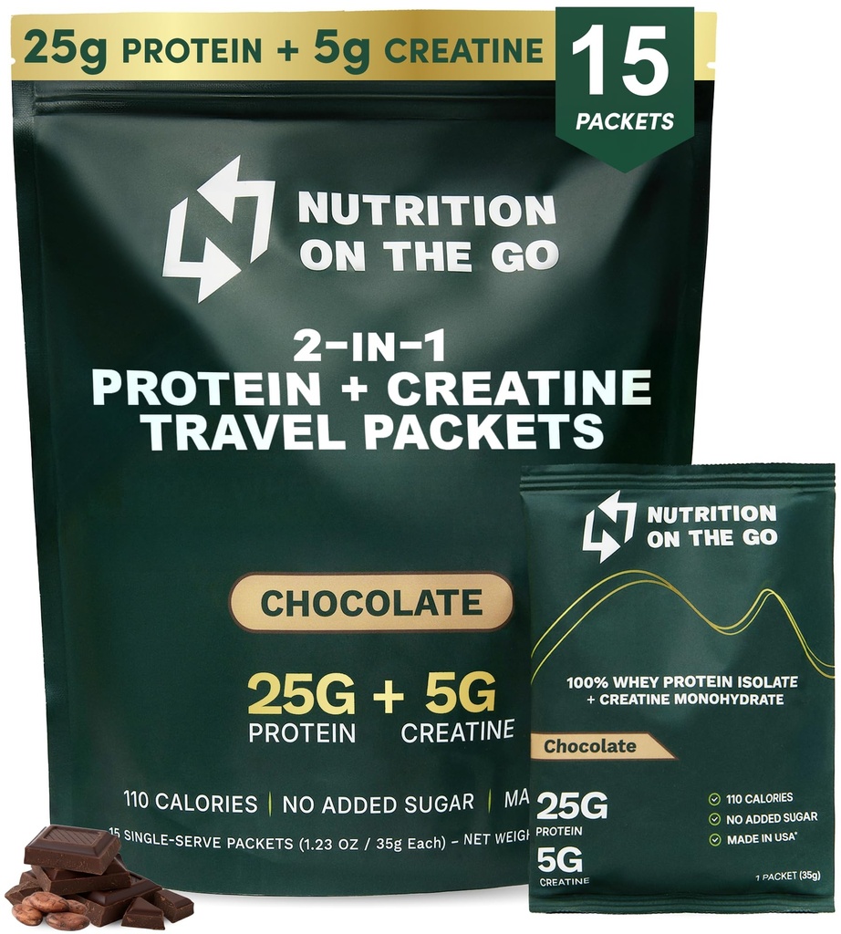 Nutrition On Go Whey Protein Isolere pakker med Creatin - 25g Protein + 5g Creatin - Single-Serve Travel Protein Powder - 5,9 g BCAAs, Keto & Low- Carb, Gluten- Free - Chocolate (15 - Pack)